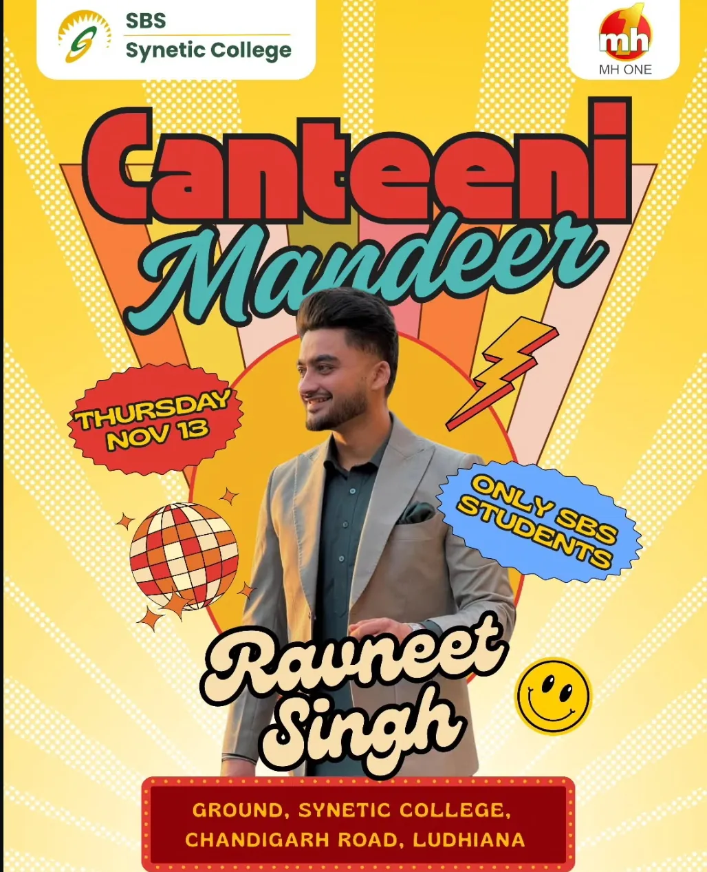 Ravneet Singh performing on stage at SBS — crowd of students, concert atmosphere