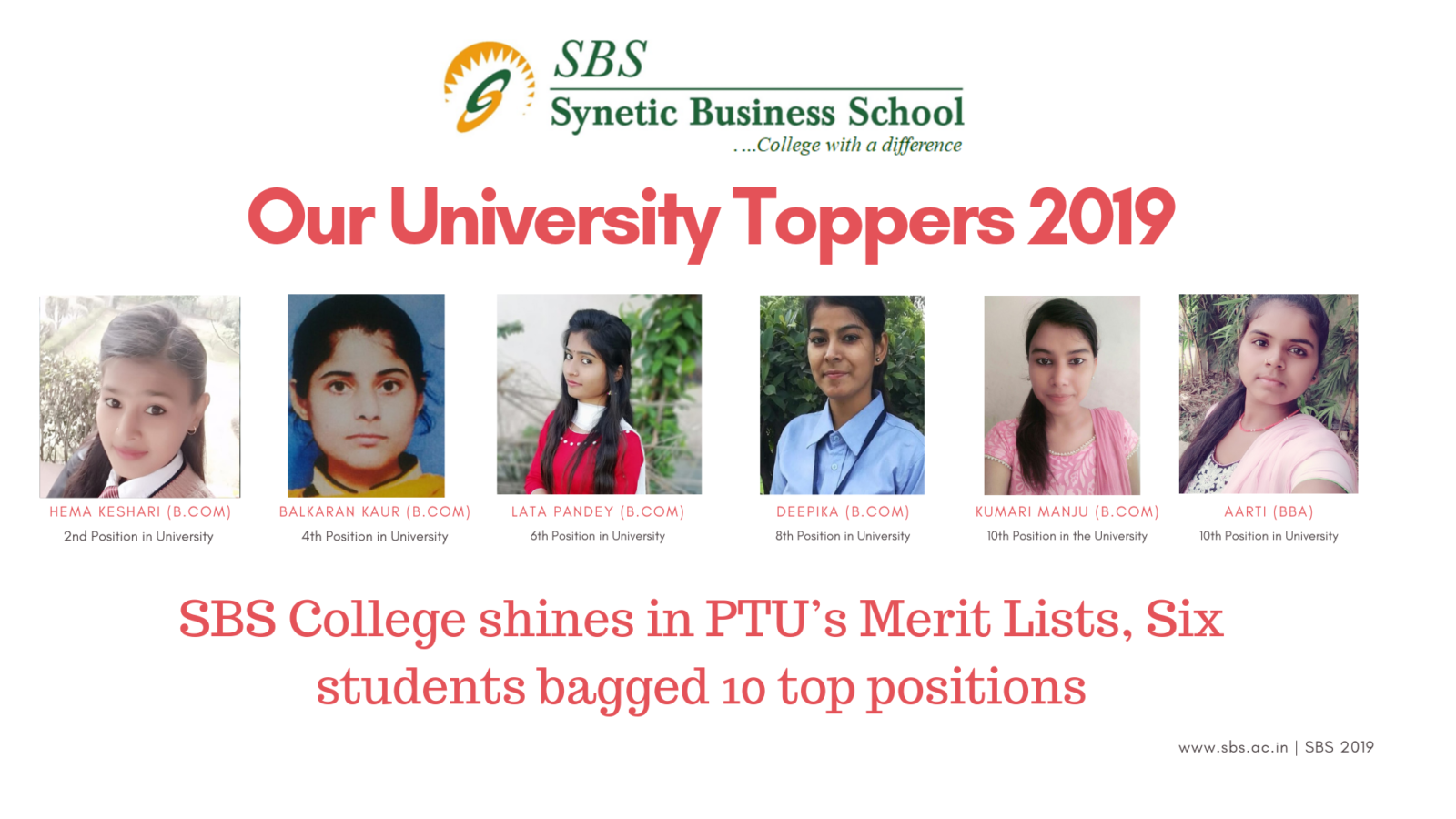 SBS College shines in PTU’s Merit Lists, Six students bagged 10 top positions