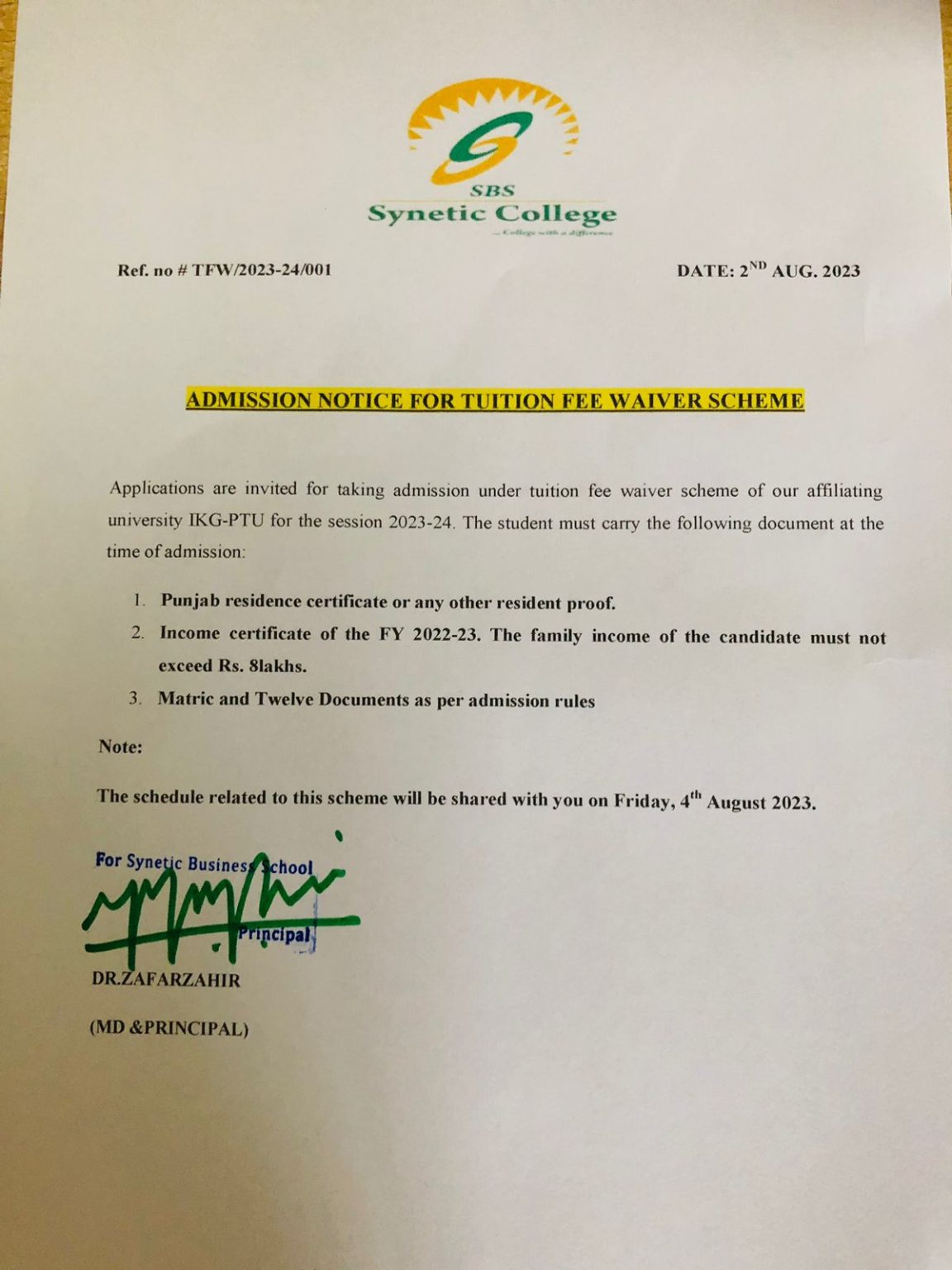 admission-notice-for-tuition-fee-waiver-scheme-synetic-business-school